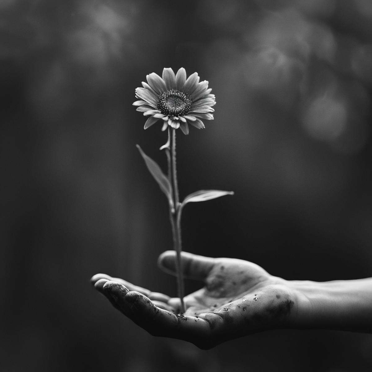 cinematic film still of From above,  Juxtaposition of a dirty hand with a flower on it,  solo on Tensor.Art