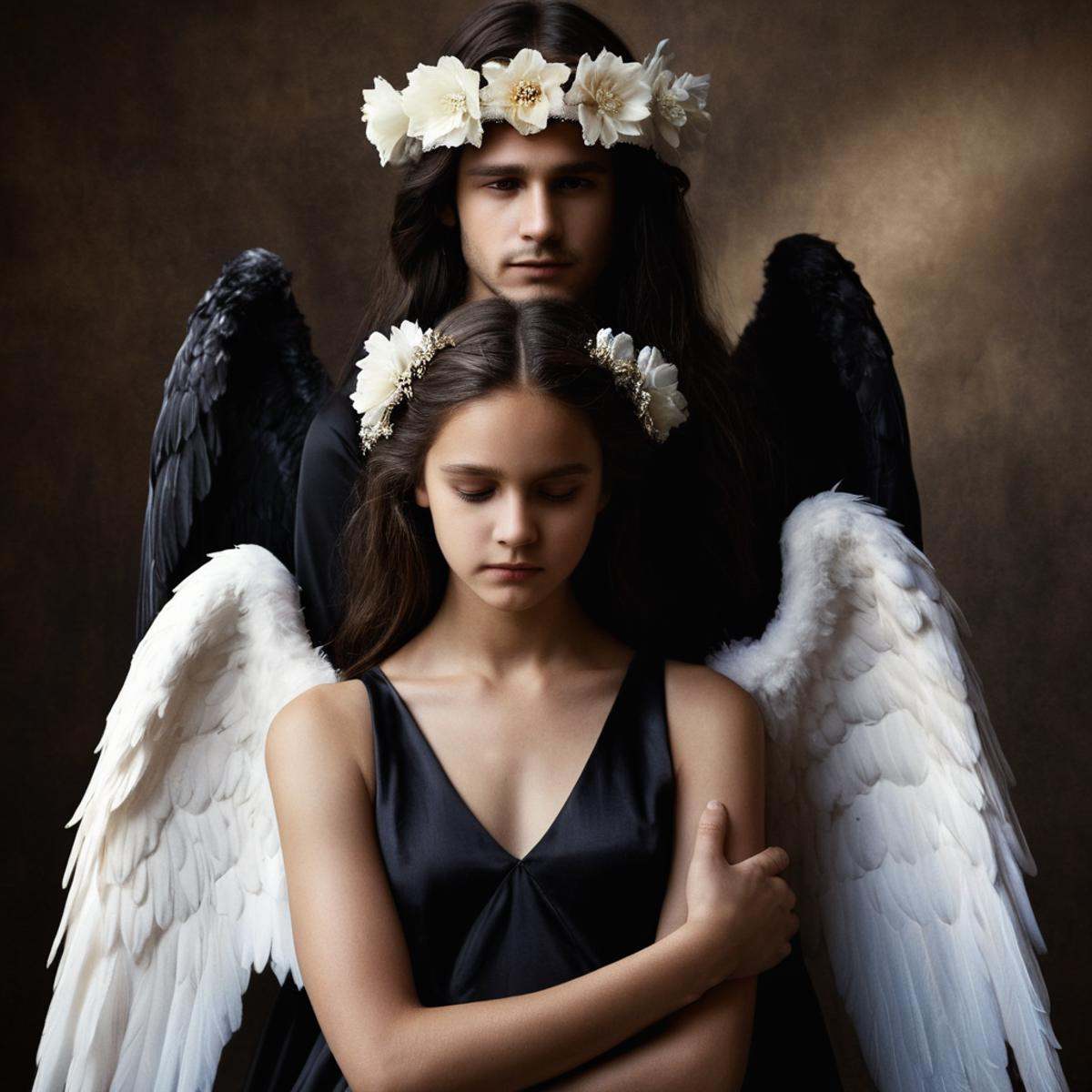 Horror-themed,  Juxtaposition of a couple angels is hugging with an angel in the background,  1girl on Tensor.Art