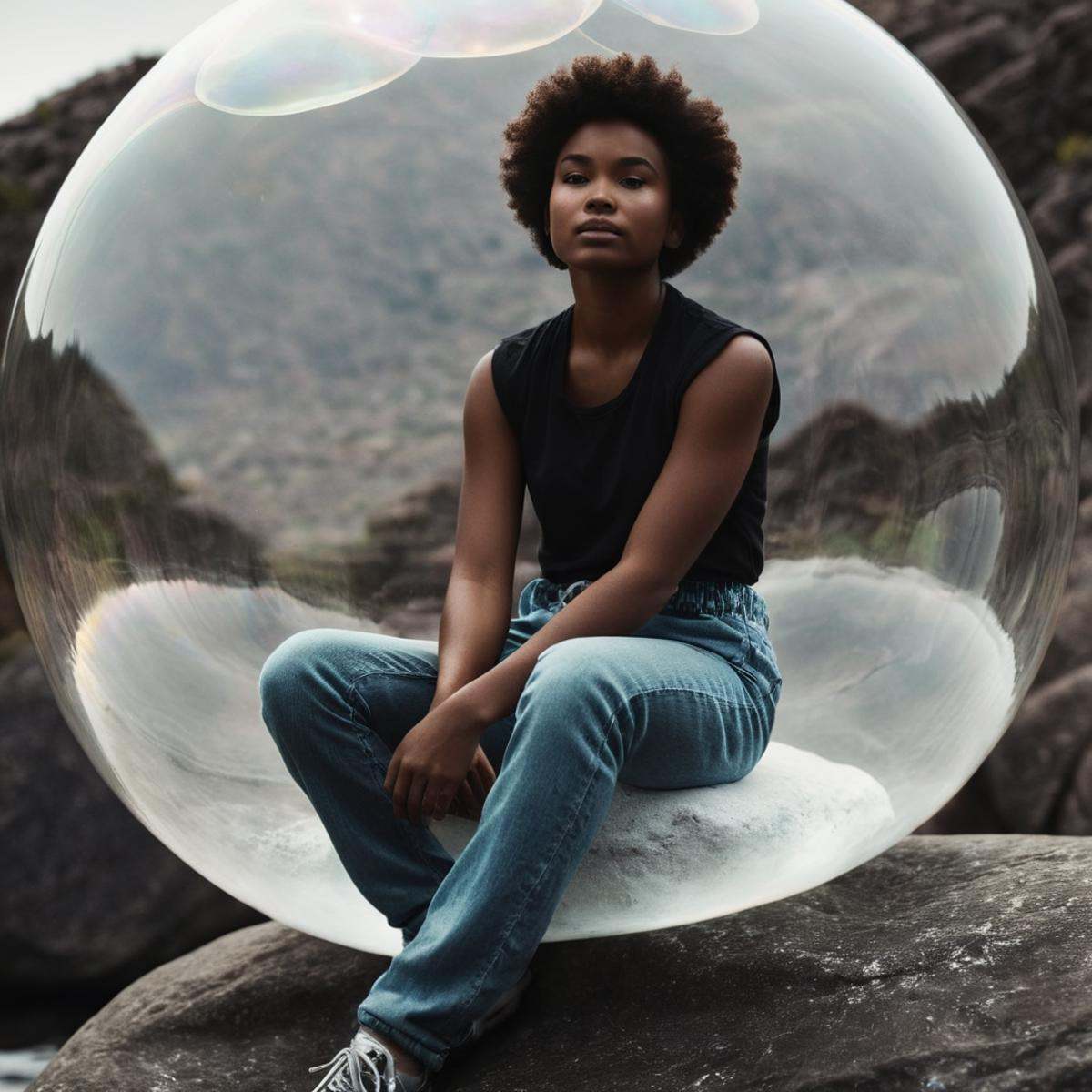 cinematic film still of Juxtaposition of a woman in a bubble sitting on a rock,  solo,  1boy on Tensor.Art