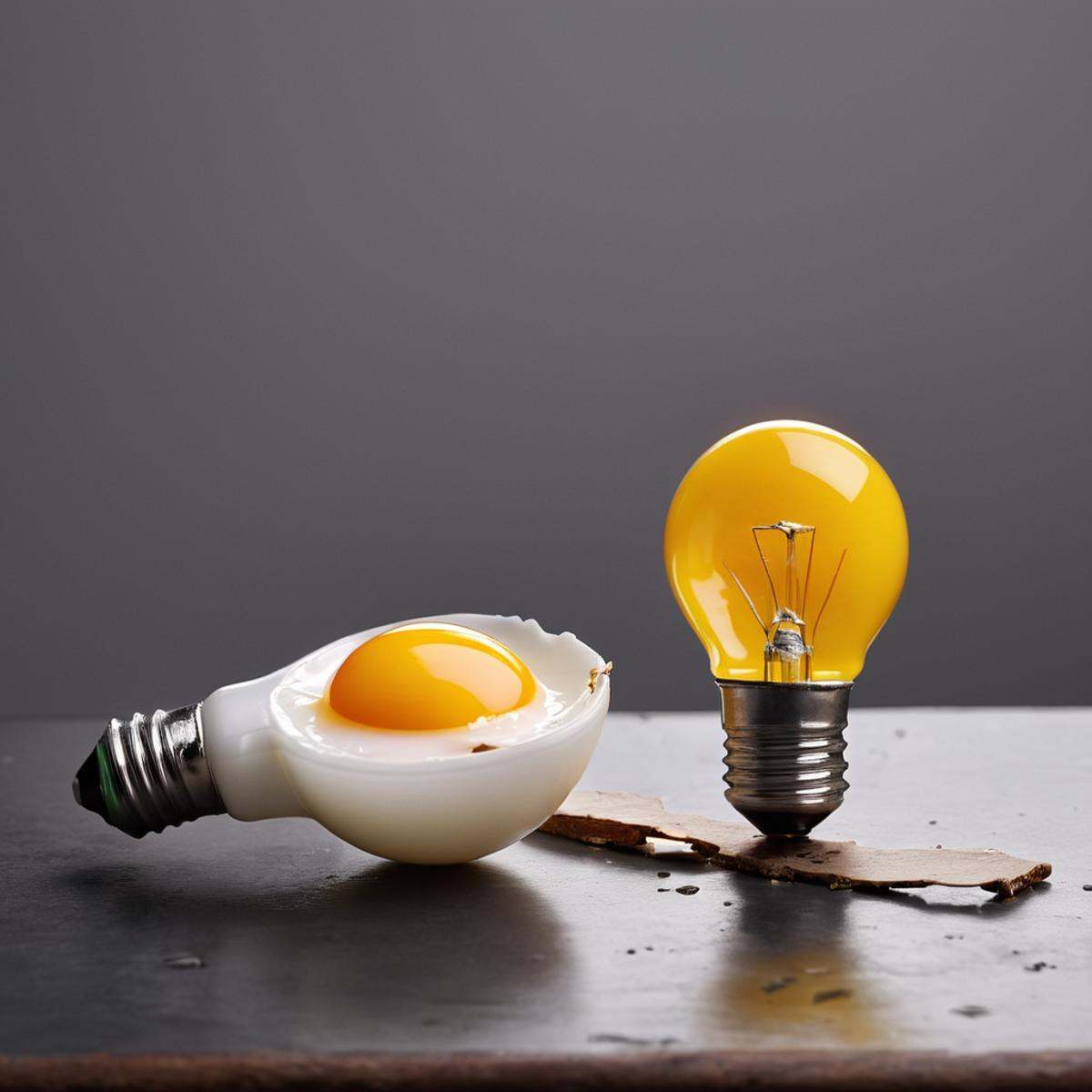 cinematic film still of Juxtaposition of a broken light bulb sitting on top of a table with yellow egg yolk,  simple backg...