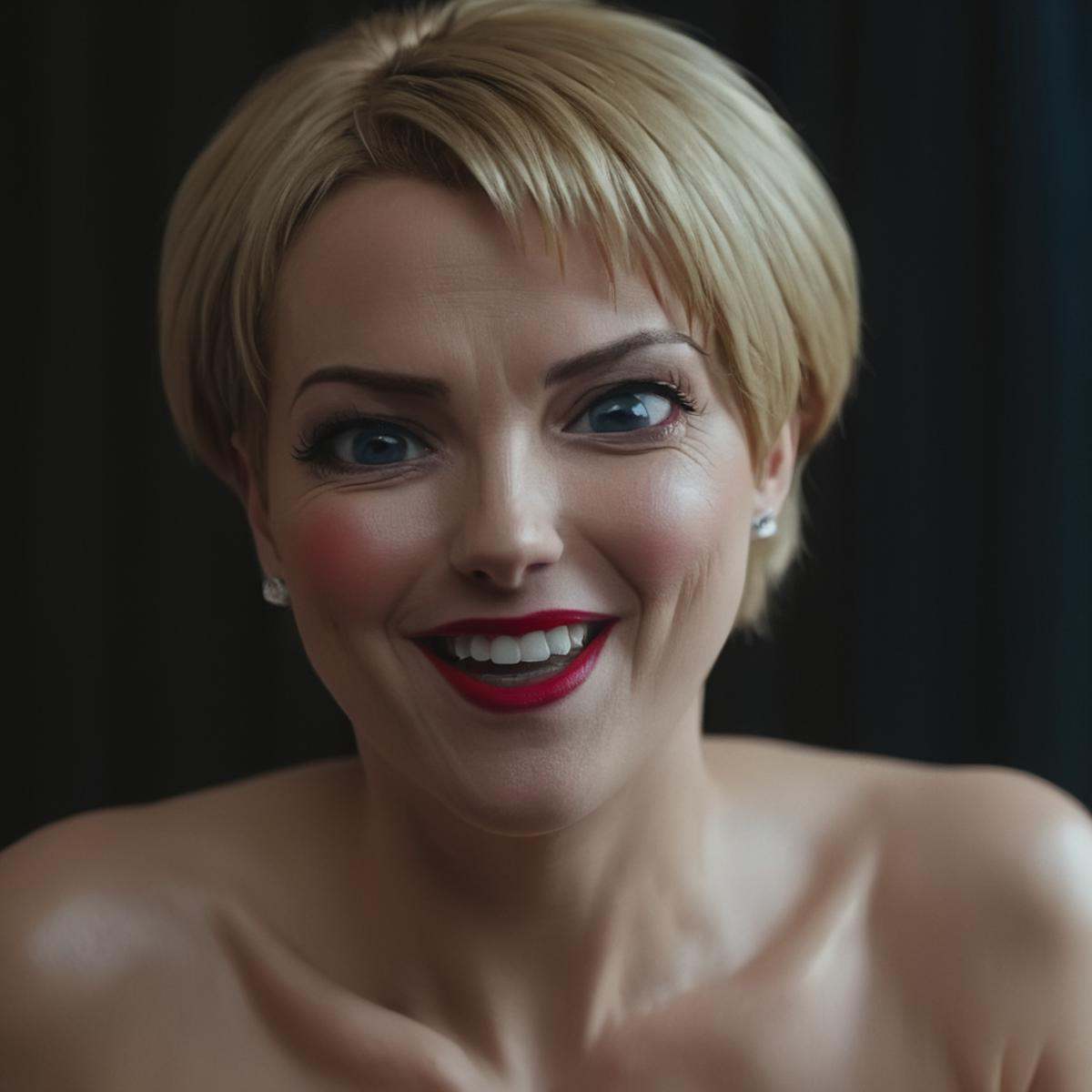 cinematic film still of Reika Kitami a cinematic realistic photo of an evil sinister woman with short blonde hair,  red li...