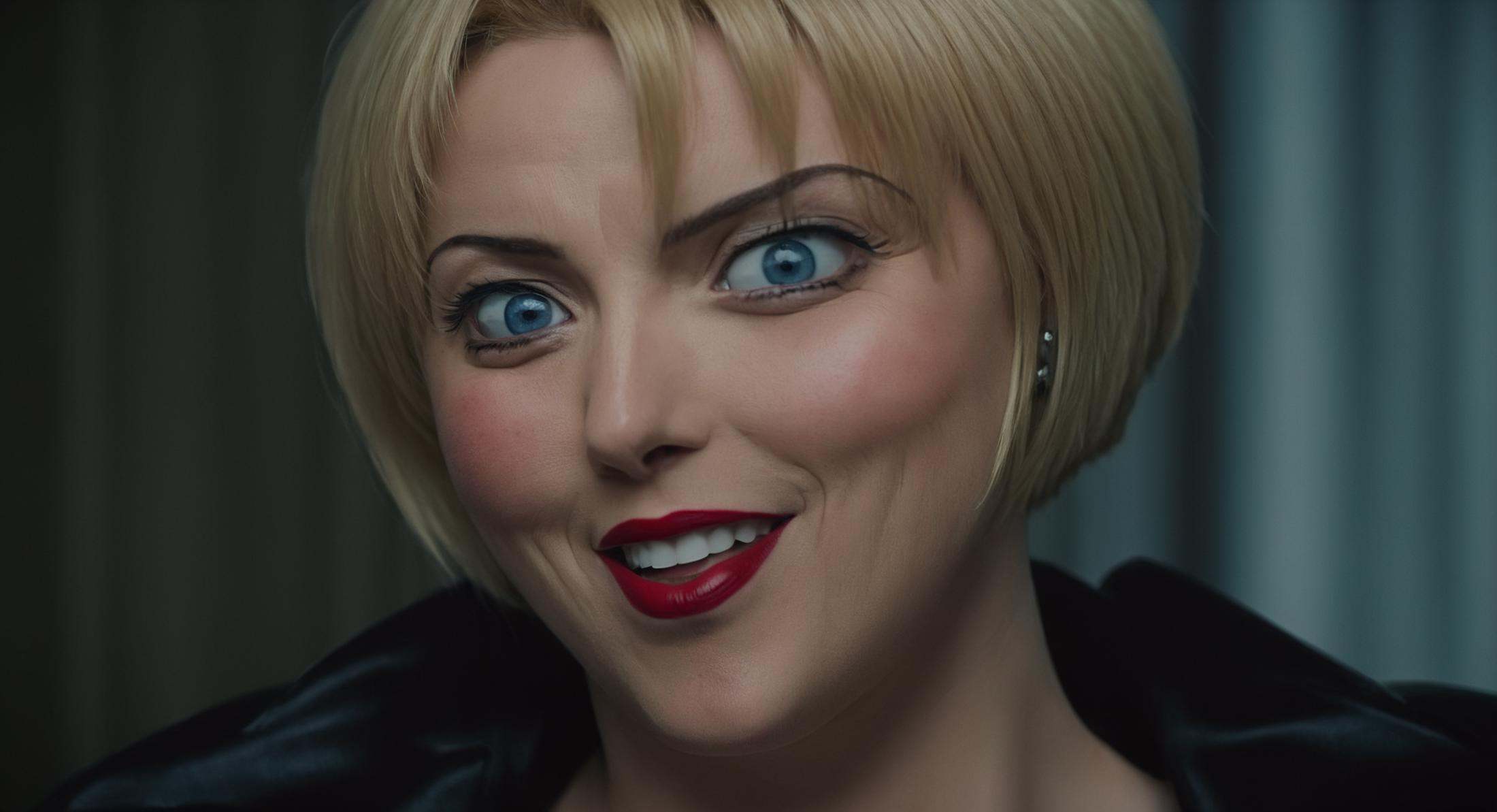 cinematic film still of Reika Kitami a cinematic realistic photo of an evil sinister woman with short blonde hair,  red li...