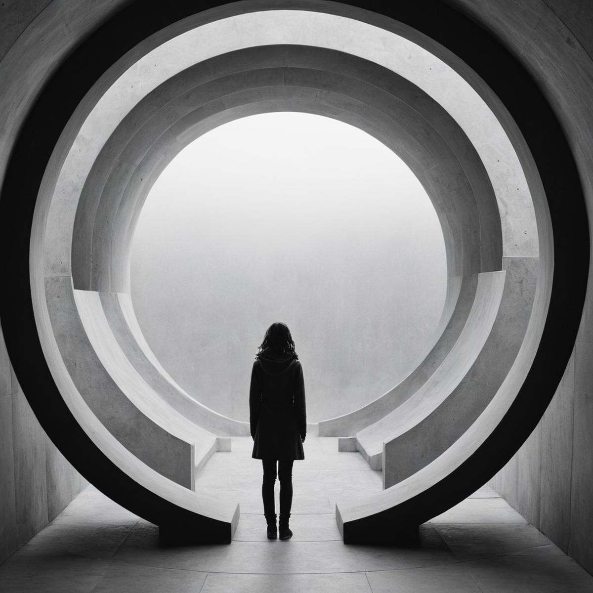cinematic film still of Juxtaposition of a person standing in a circular architecture walkway with a black and white photo...