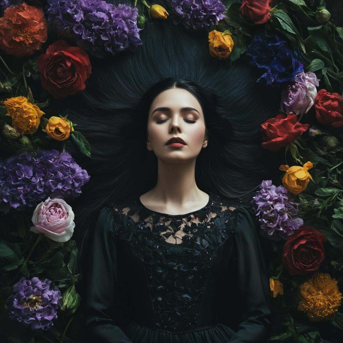 Gothic style,  Juxtaposition of a woman in a dress is surrounded by flowers,  Juxtaposition on Tensor.Art