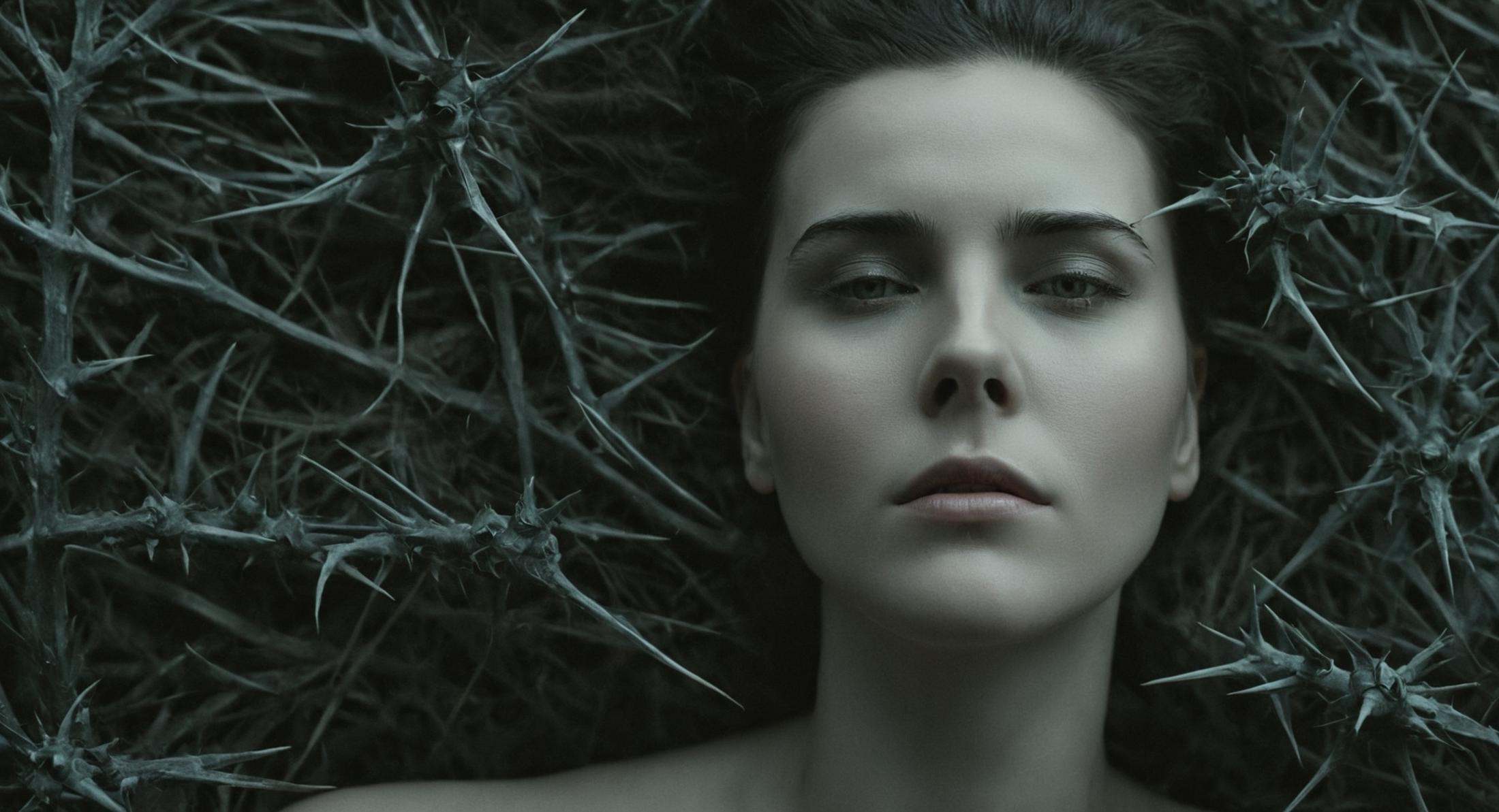 cinematic film still of Closeup,  From above,  Juxtaposition of a creepy disturbing photo of a woman3 with her eyes closed...