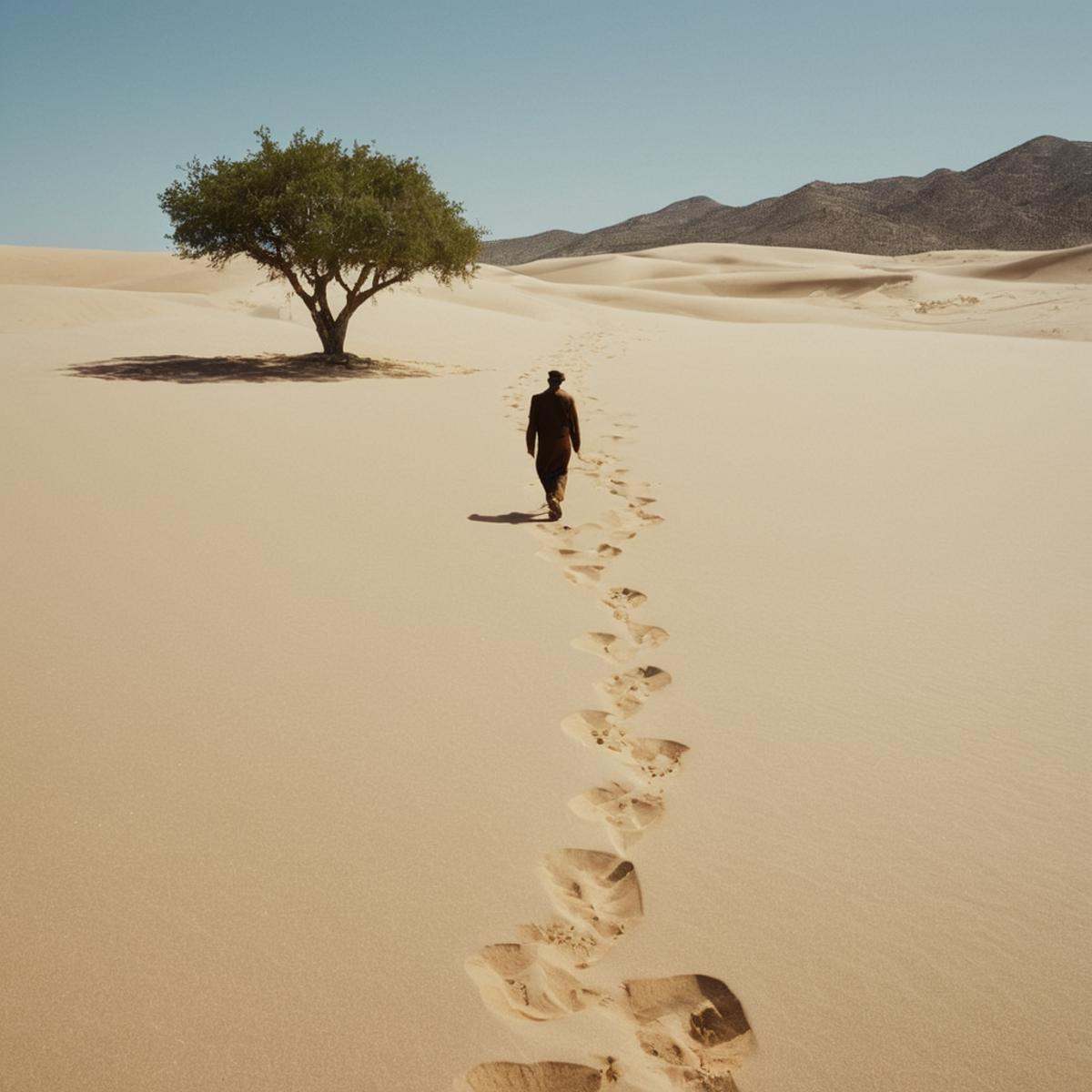 cinematic film still of Juxtaposition of a person walking across a sandy desert area,  outdoors,  sky on Tensor.Art