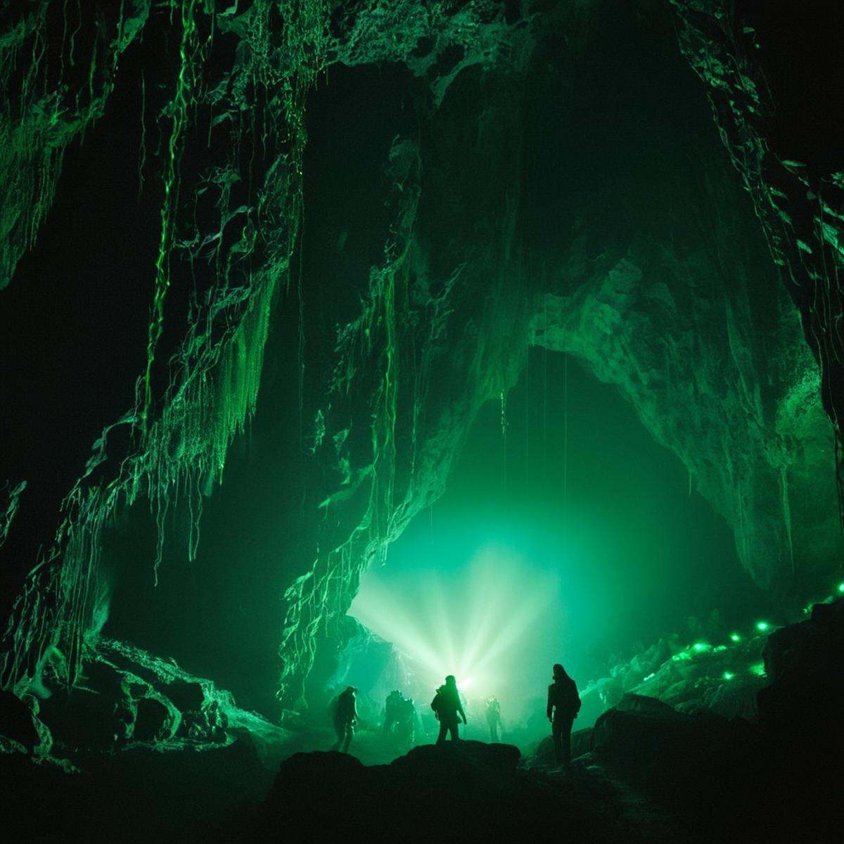 cinematic film still of From below,  Juxtaposition of a cave with a bunch of green lights,  monochrome on Tensor.Art