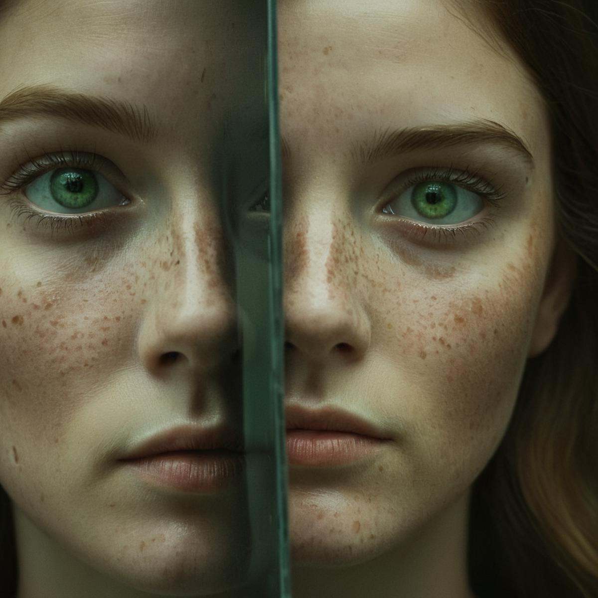 cinematic film still of Juxtaposition of a woman with a broken mirror on her face,  Juxtaposition,  artistic on Tensor.Art
