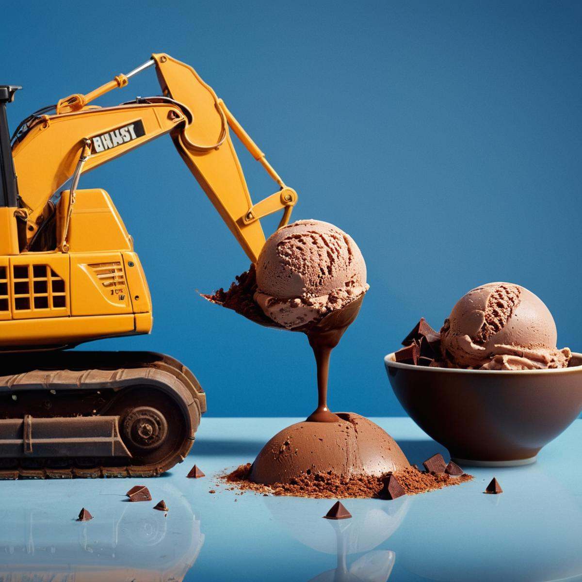 cinematic film still of Juxtaposition of a construction vehicle is digging in a cup of chocolate ice cream,  simple backgr...