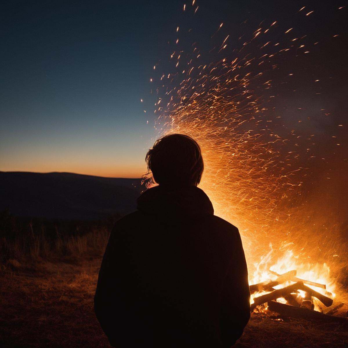 cinematic film still of Juxtaposition of a person from behind standing in front of a fire with sparks,  1girl,  1boy on Te...