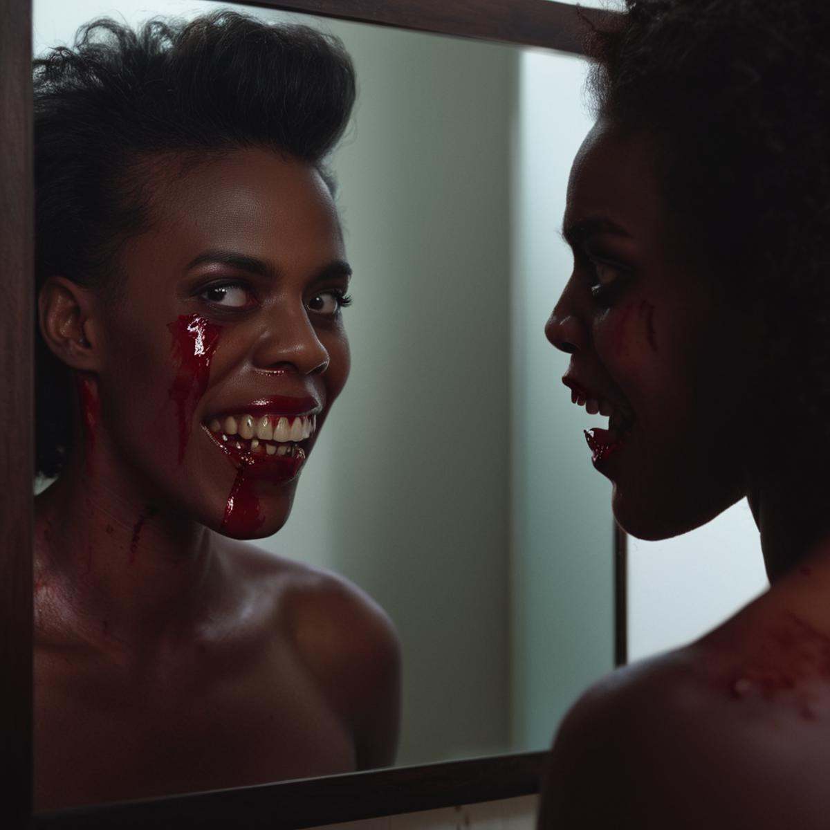 cinematic film still of Juxtaposition of a scary teeth woman possessed by demon is looking at her reflection in a mirror c...
