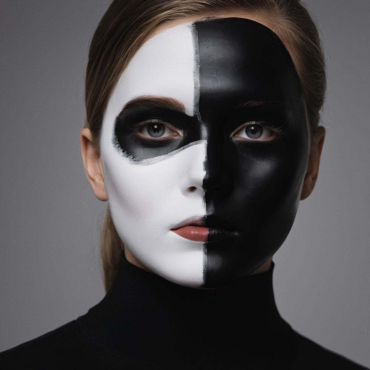 cinematic film still of Juxtaposition of a white woman9 with a half black face and a black mask paint,  1girl,  solo on Te...