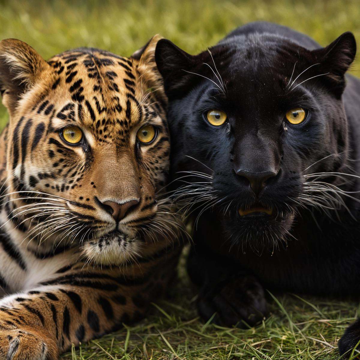 cinematic film still of Juxtaposition of a cinematic image of leopard and a black panther are laying together,  looking at...