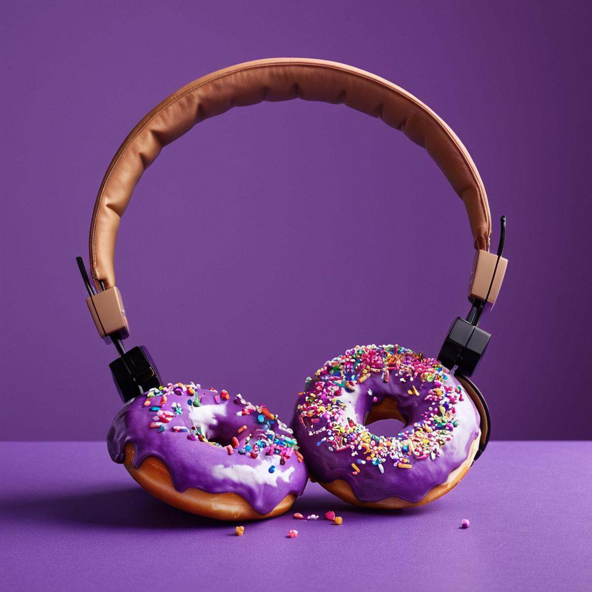 cinematic film still of Juxtaposition of a pair of doughnuts headphones,  simple background,  food on Tensor.Art