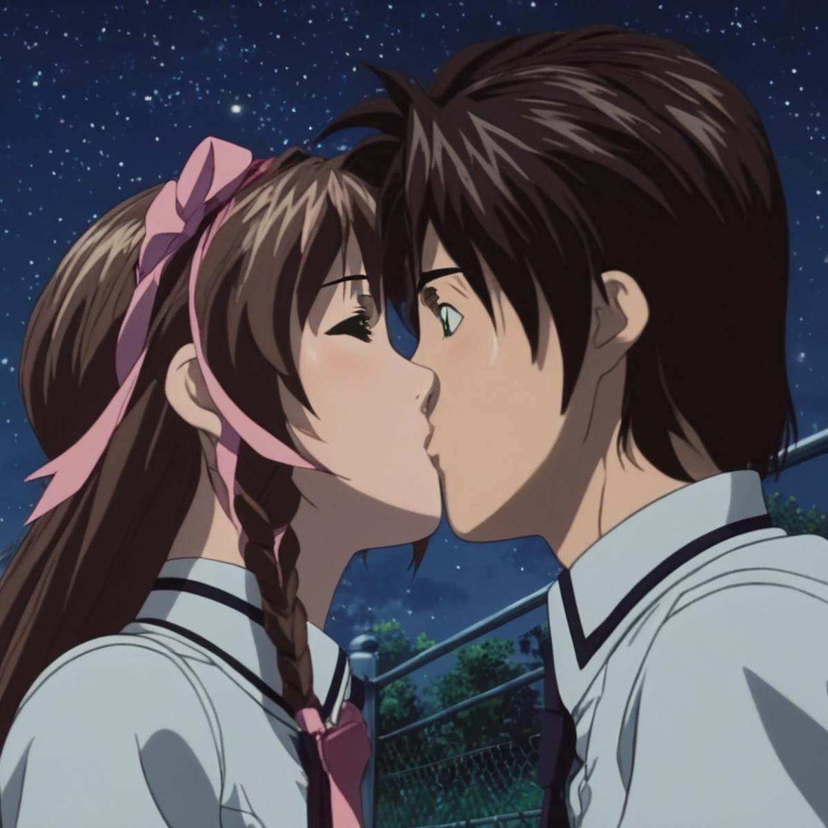 cinematic film still of Yuki Toudou and Taki Minase a couple kissing in the dark with a starr sky in the background,  1gir...
