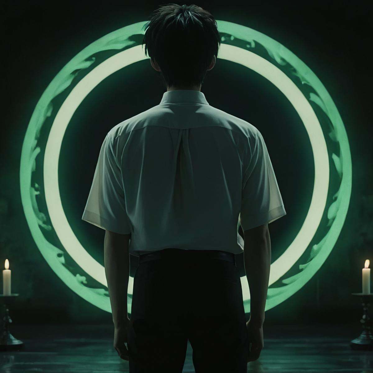 cinematic film still of Taki Minase a man from behind standing in front of a large ritual circle in a dark ritual room,  s...