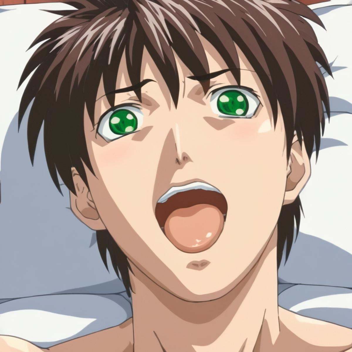 anime artwork of High angle from above,  Taki Minase a horny man with a toothy grin and crazy excitement on his face going...