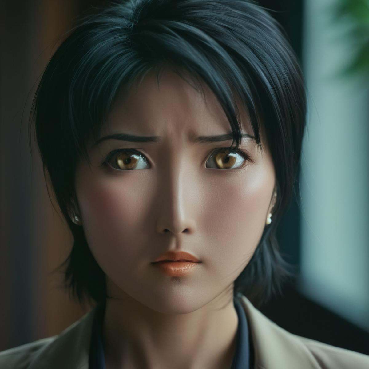 cinematic film still of A cinematic portrait photo of Yukiko Minase a very attractive woman staring at camera with a surpr...