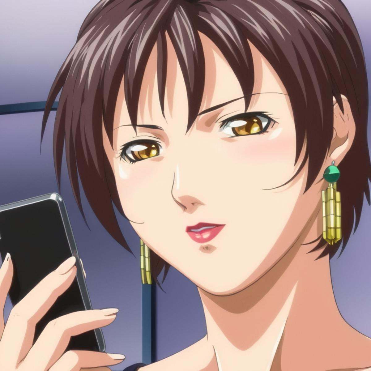 anime artwork of Low angle from below,  Yukiko Minase a close up of a person with a cell phone,  1girl on Tensor.Art