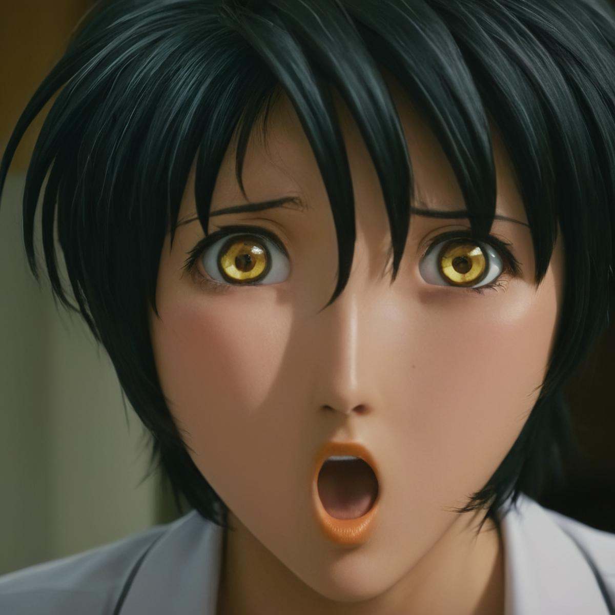 cinematic film still of Chiaroscuro Lighting Style Yukiko MinaseYukiko Minase a close up of a person with a surprised look...
