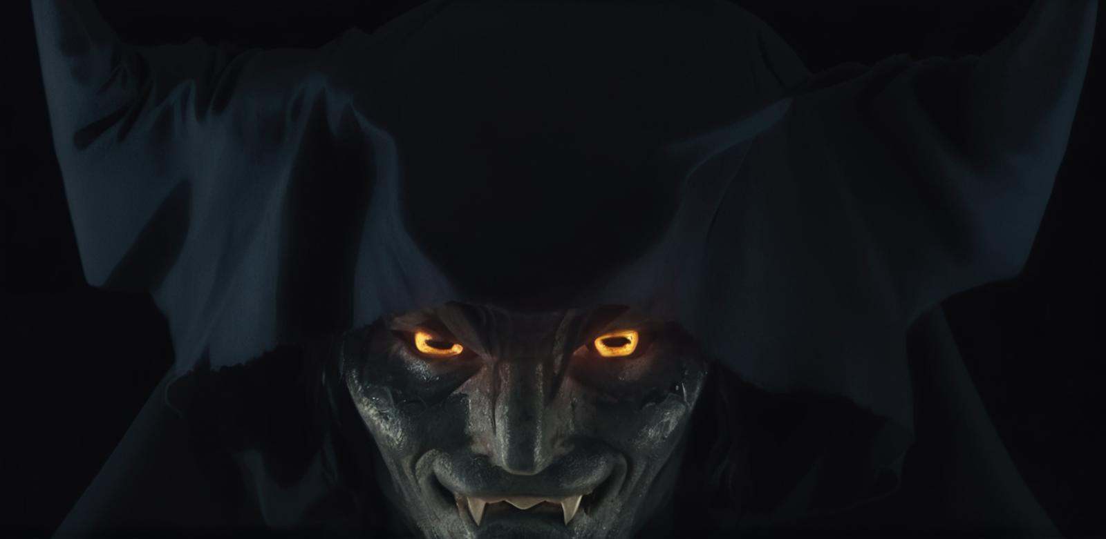 cinematic film still of Demon a demonic creature with evil smile glowing eyes staring at camera,  shallow depth of field,...