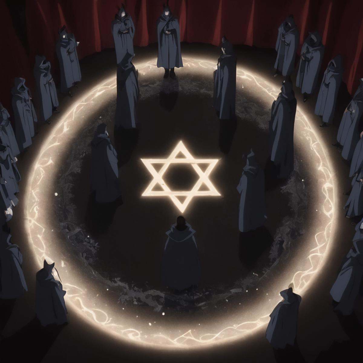cinematic film still of from above,  a group of people in hoodie robs standing around a magical pentagram circle with a st...