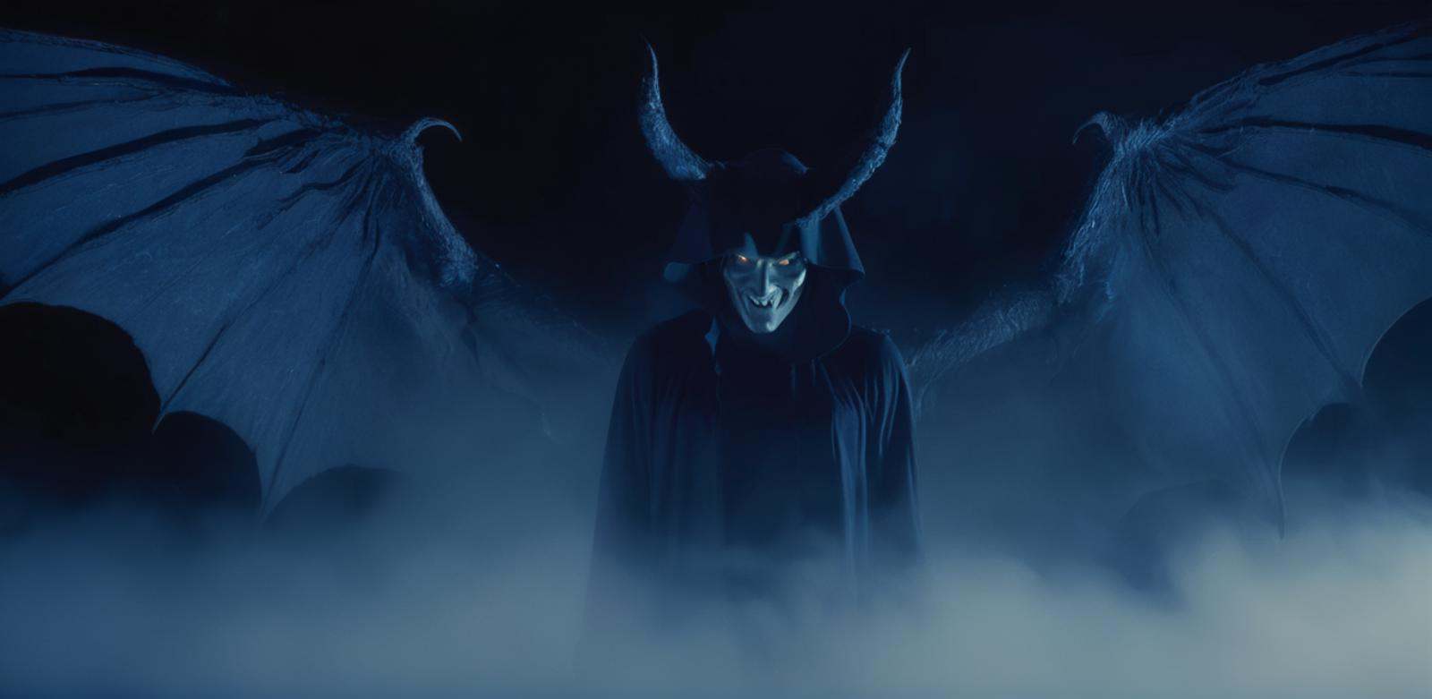 cinematic film still of Demon a demonic creature with evil smile glowing eyes and large wings staring at camera in dark bl...