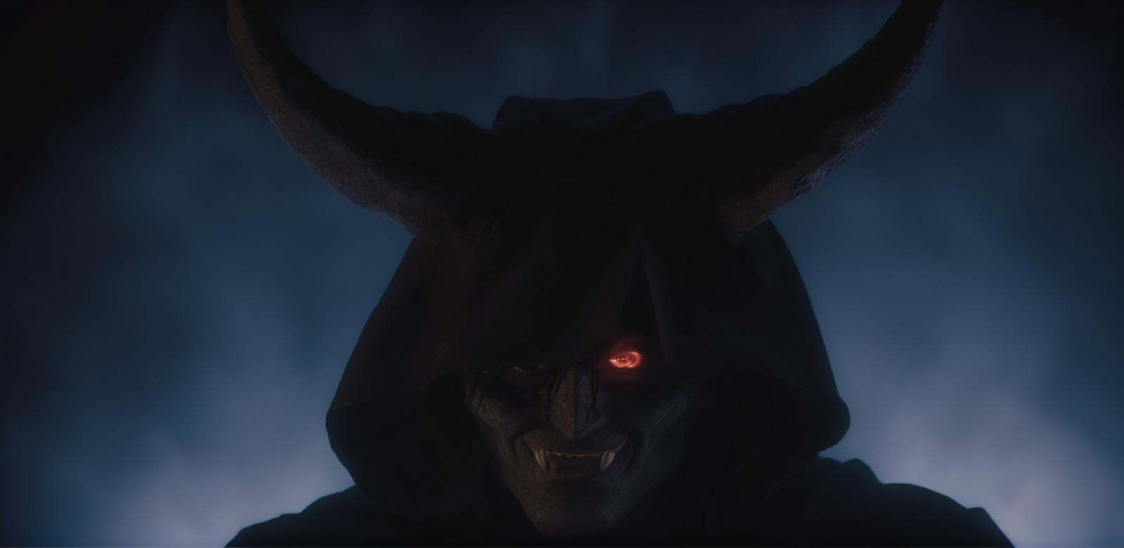 cinematic film still of Demon a demonic creature with evil smile glowing eyes staring at camera,  shallow depth of field,...