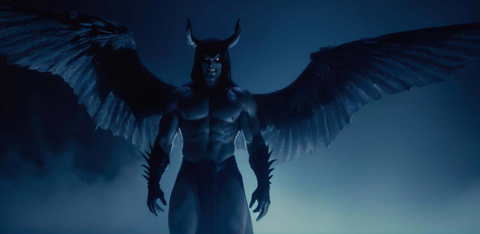 cinematic film still of Demon a naked muscular demonic creature with evil smile glowing eyes and large wings staring at ca...