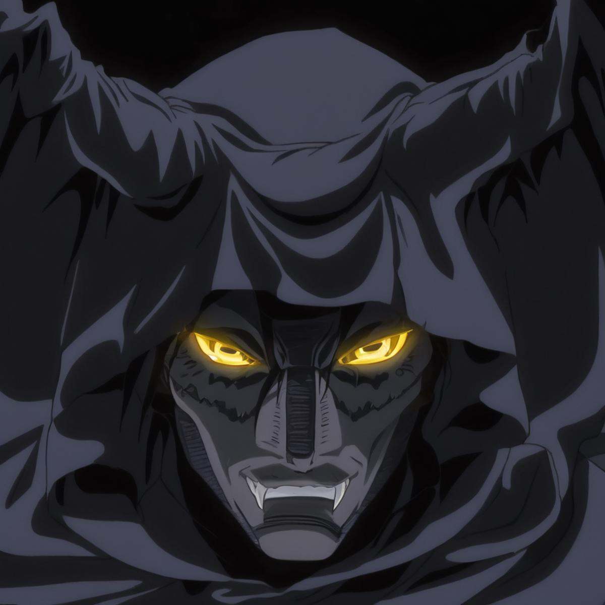 cinematic film still of (((REALISM)))Demon a demonic like man with sharp fangs and creepy sinister yellow eyes and a hood...