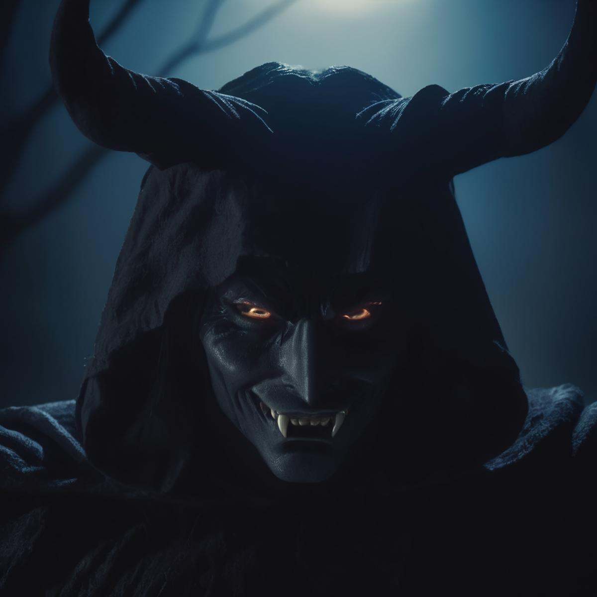 cinematic film still of Demon a demonic creature with evil smile staring at camera,  shallow depth of field,  vignette on...