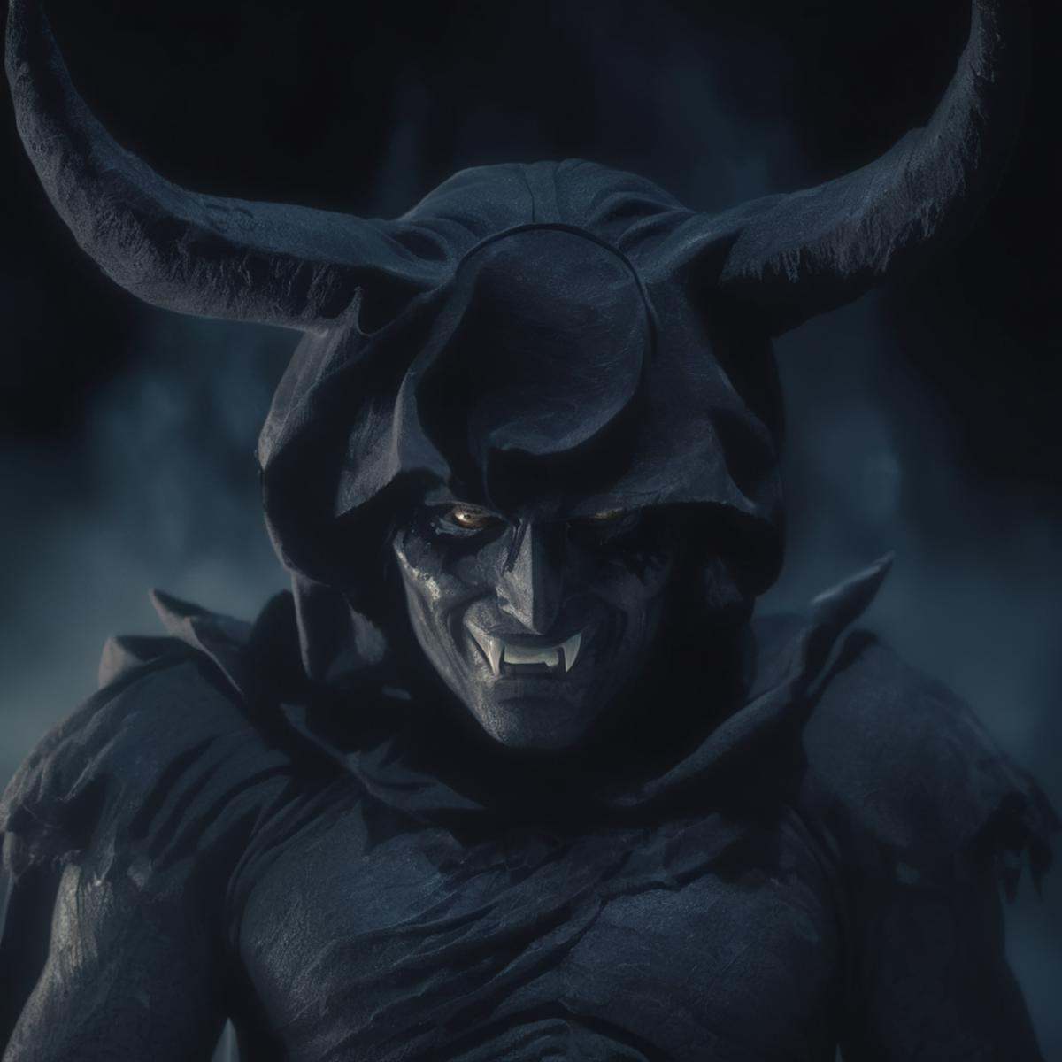 cinematic film still of Demon a demonic creature with evil smile staring at camera,  shallow depth of field,  vignette on...
