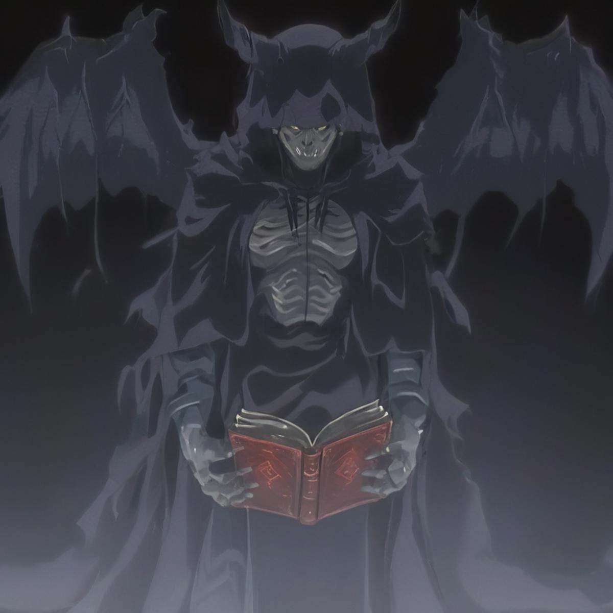 anime artwork of hkmagica full body shot of a evil demonic creature,  holding ritual spell book in one hand and casting bl...