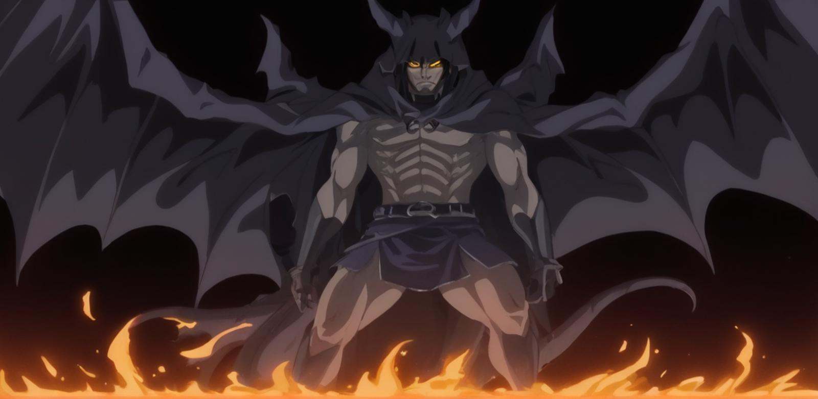 anime artwork of High angle from above,  Demon a demonic creature is being summed up from hell,  rising up from ground on...