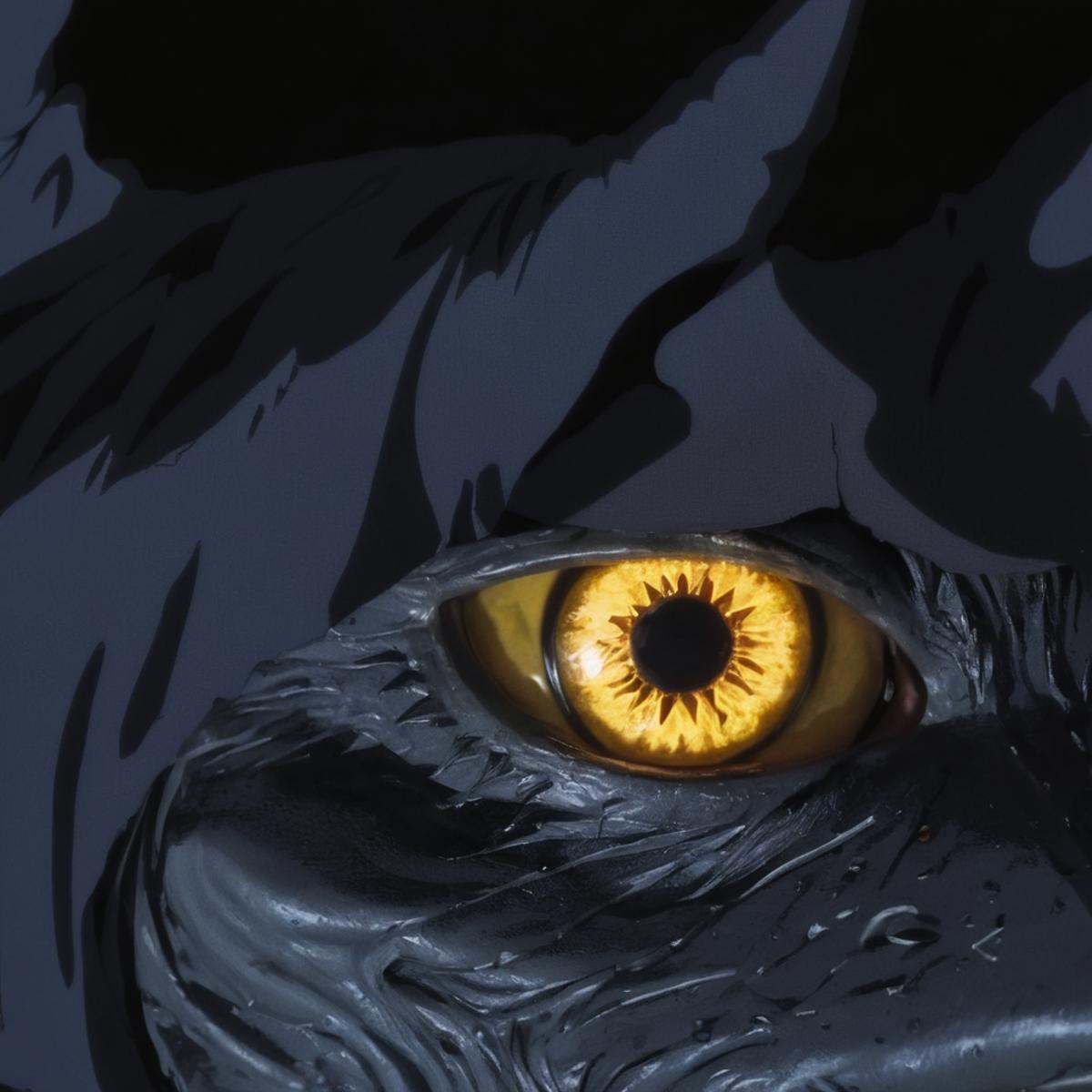 cinematic film still of Demon a close up of a demonic creature's eye with a black background,  yellow eyes,  no humans on...