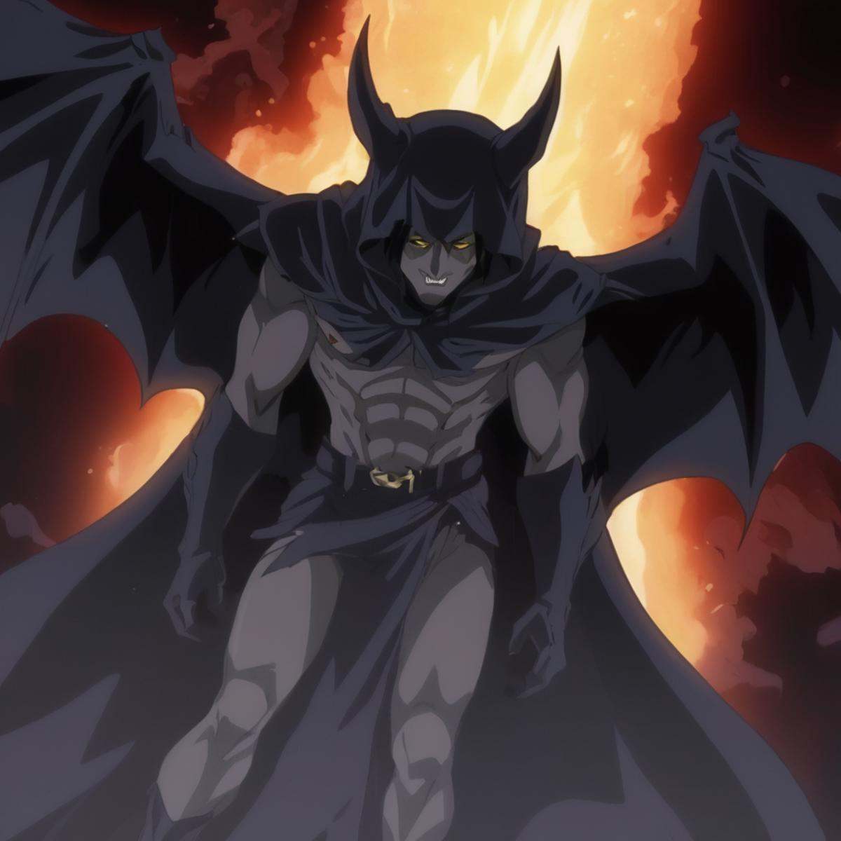 anime artwork of High angle from above,  Demon a demonic creature with large bat wings is being summed up from hell,  risi...