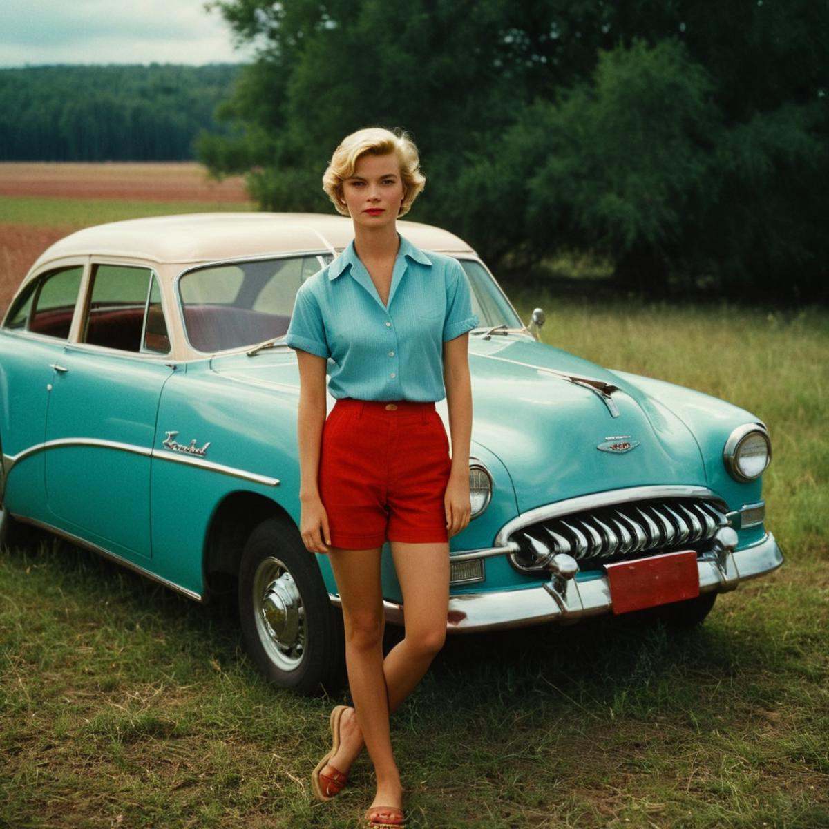 cinematic film still of colorful:1In the 1950's a woman standing next to a car in a field,  solo,  short hair on Tensor.Art