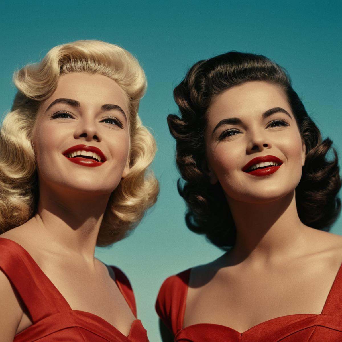 cinematic film still of In the 1950's two women in costumes standing next to each other,  looking at viewer,  smile on Ten...