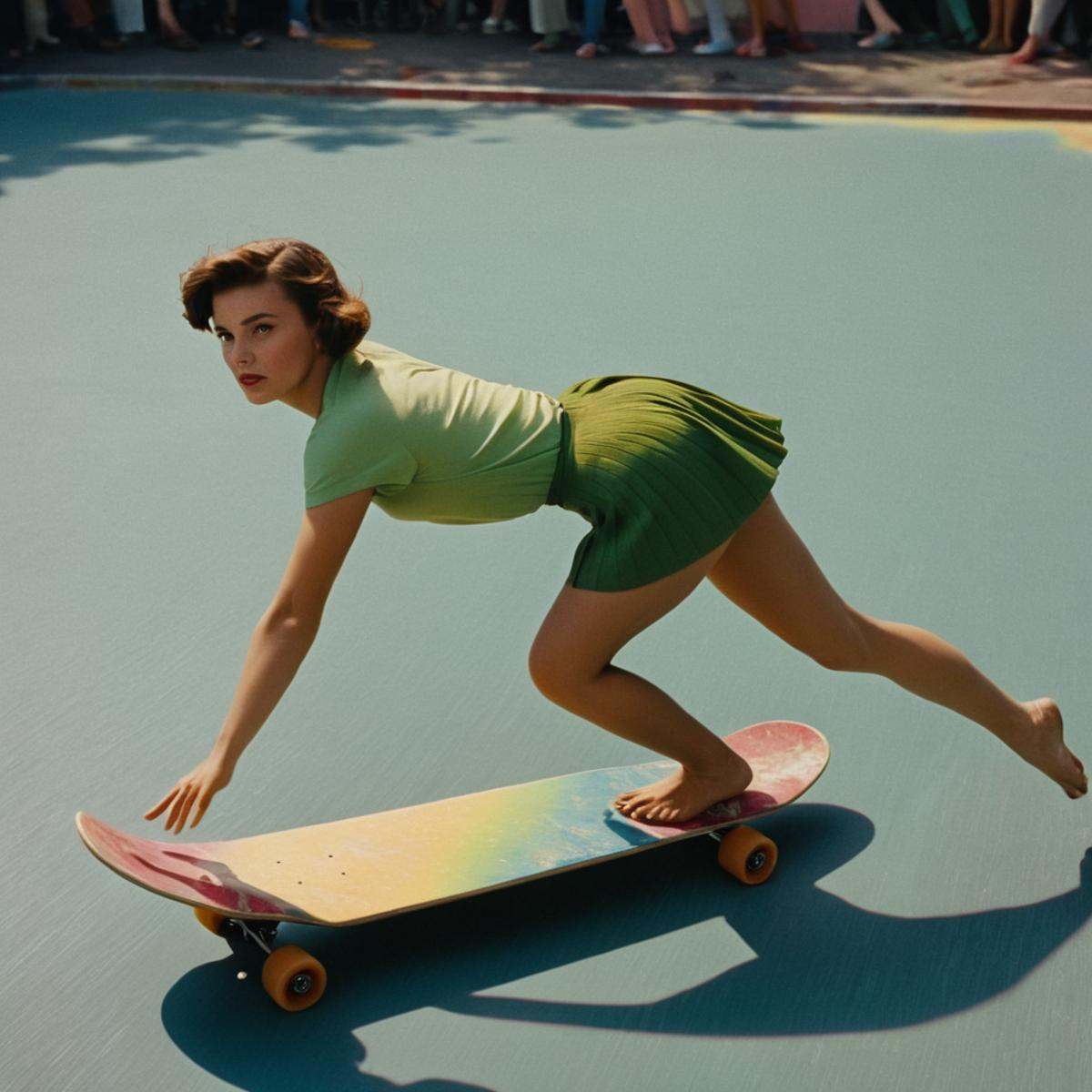 cinematic film still of In the 1950's a person falling off a skateboard in a colorful paint covered area,  1girl,  solo on...