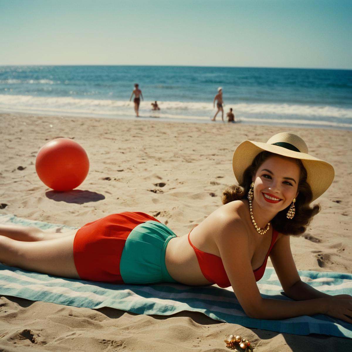 cinematic film still of colorful:1In the 1950's a woman laying on the beach with a ball,  1girl,  smile on Tensor.Art