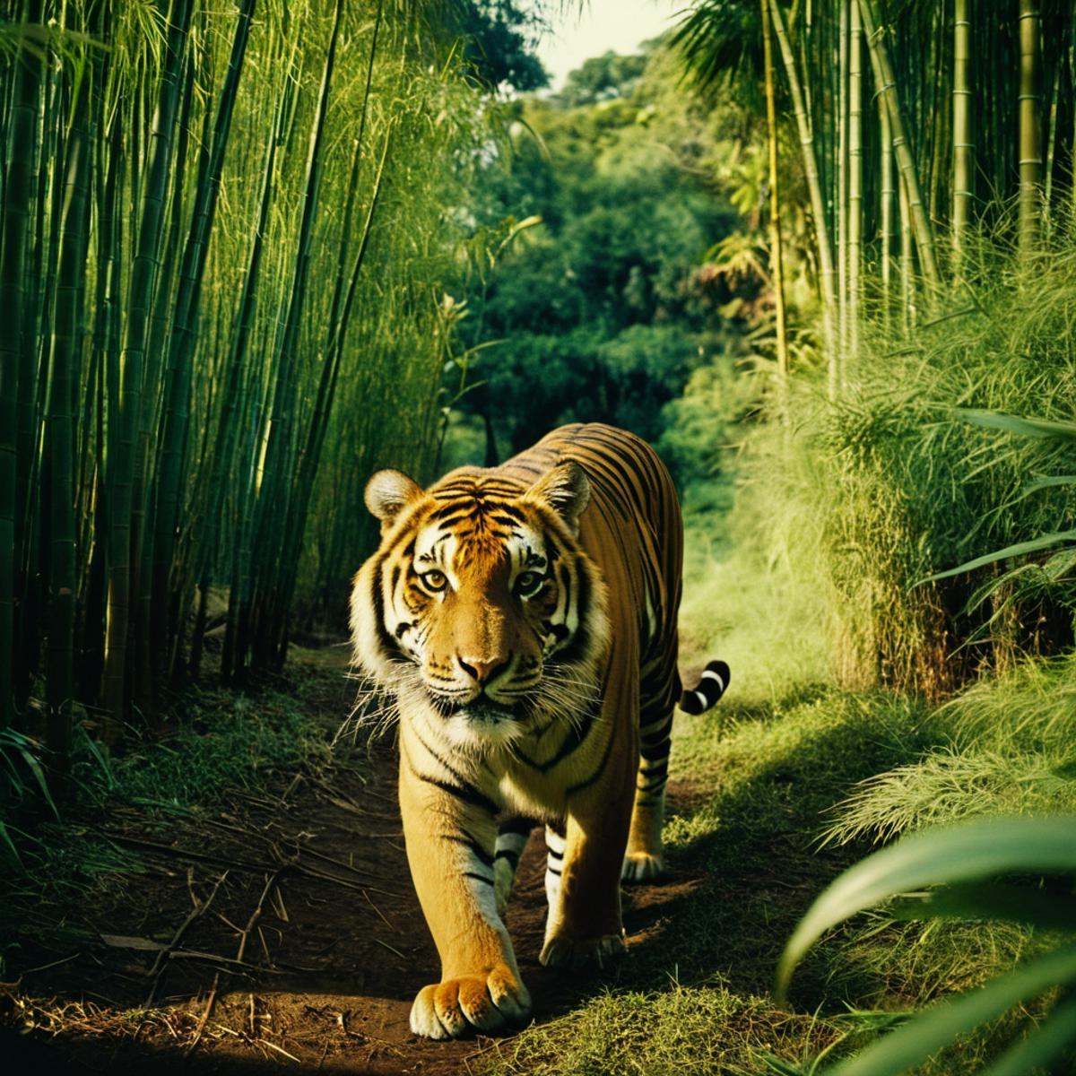 cinematic film still of In the 1950's a tiger walking through a jungle filled to the camera with tall grass,  solo,  outdo...