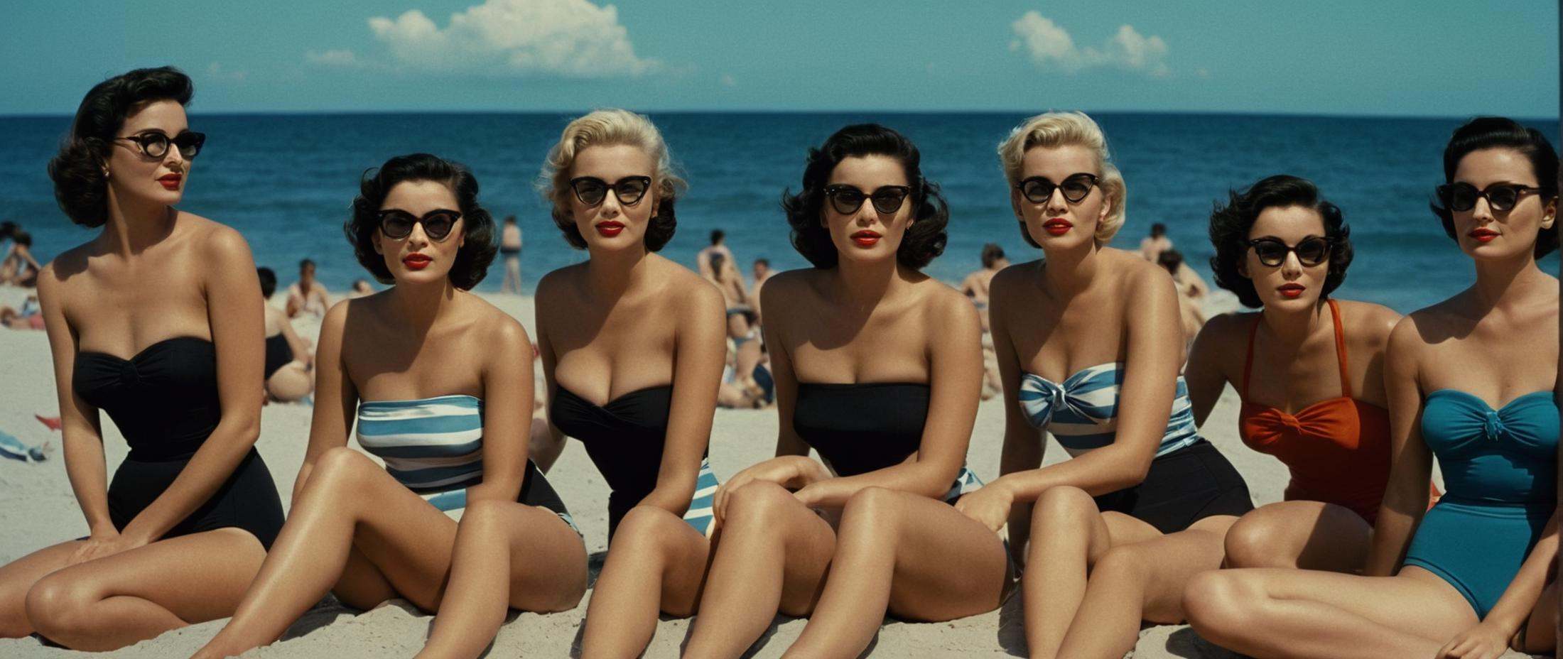 cinematic film still of In the 1950's a group of women in bathing suits sitting on a beach,  short hair,  multiple girls o...