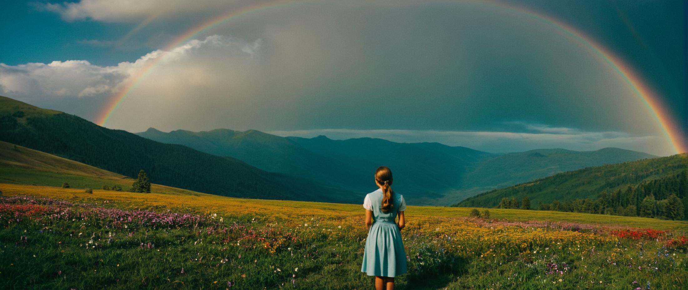 cinematic film still of In the 1950's a rainbow over a mountain valley with a rainbow in the sky,  1girl,  solo on Tensor.Art