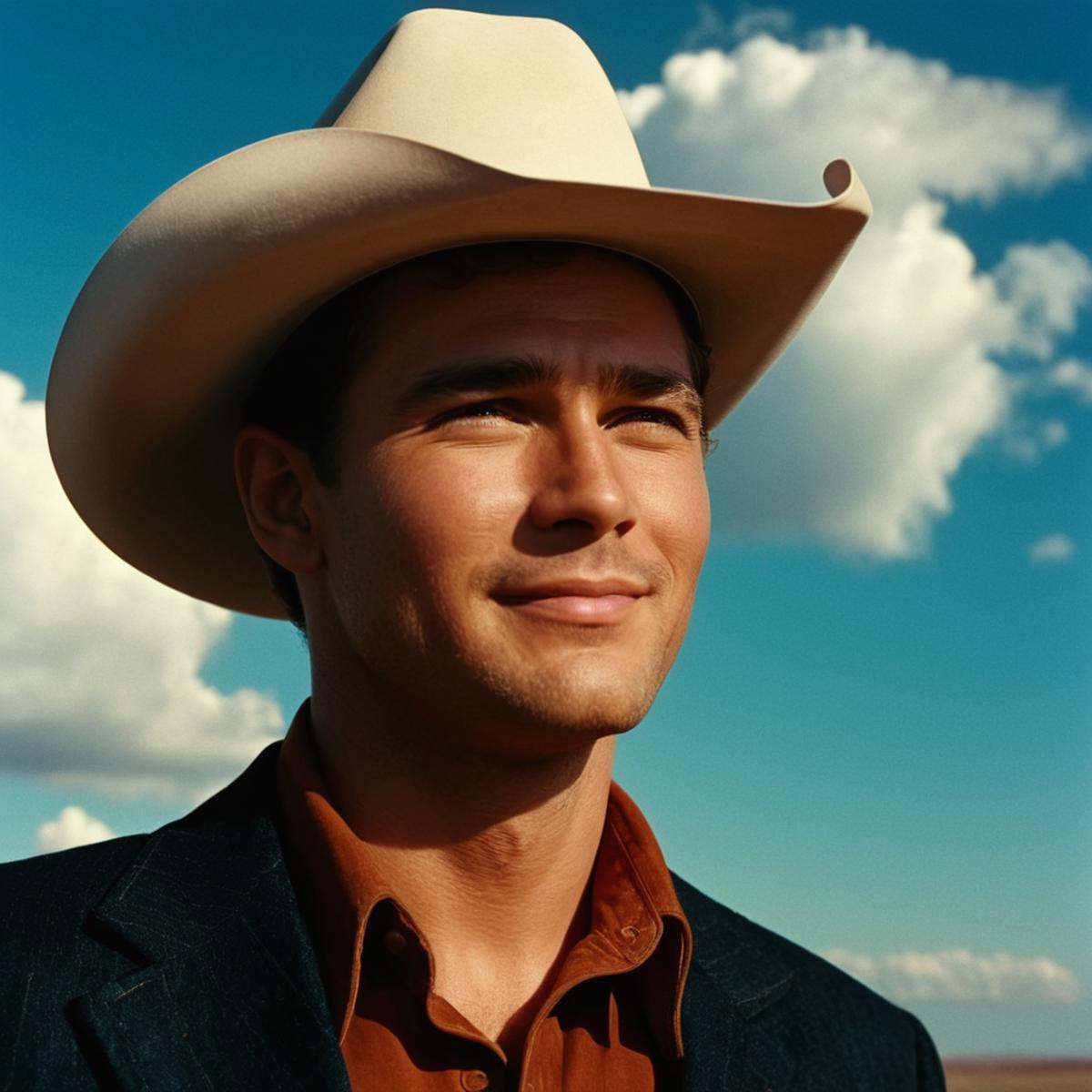 cinematic film still of In the 1950's a man in a cowboy hat poses for a picture,  solo,  looking at viewer on Tensor.Art