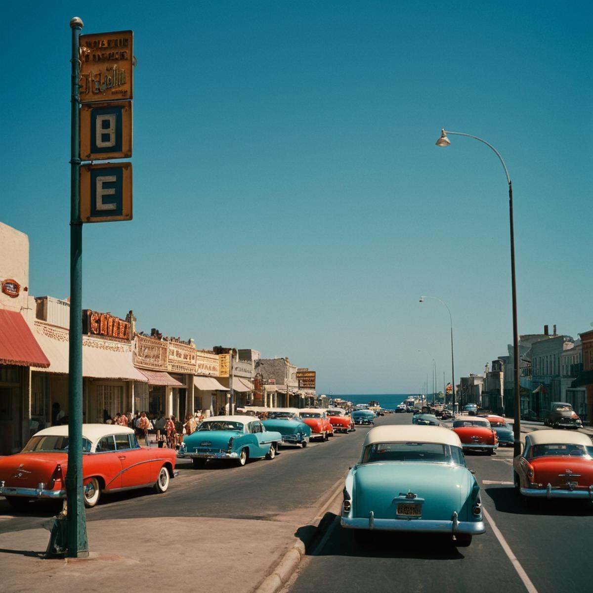 cinematic film still of colorfulIn the 1950's a street with cars parked on the side of it,  1girl,  outdoors on Tensor.Art