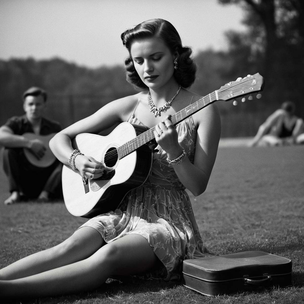 cinematic film still of In the 1940's a woman sitting on the ground playing a guitar,  1girl,  solo on Tensor.Art