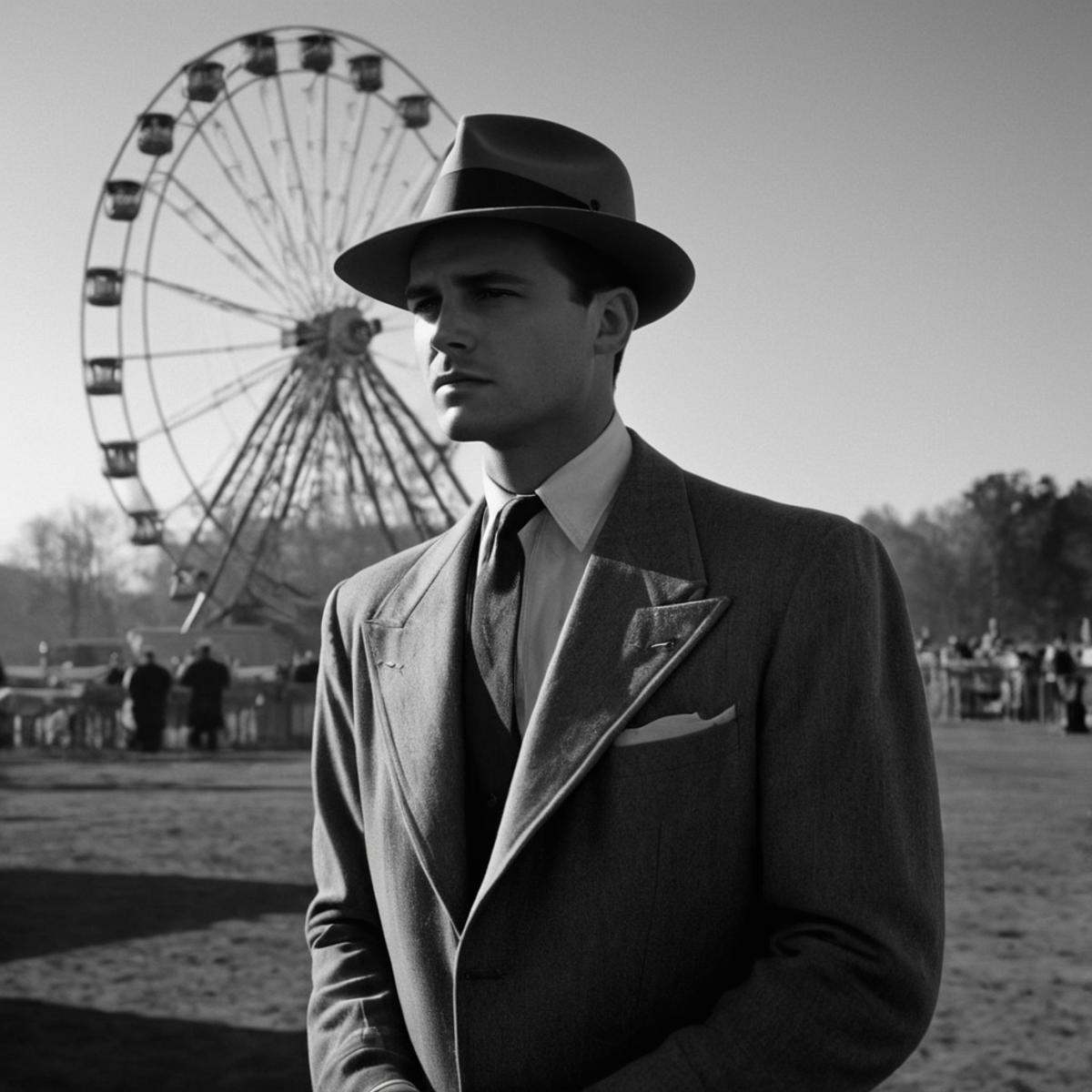 cinematic film still of In the 1940's a man standing in front of a ferris wheel,  solo,  long sleeves on Tensor.Art