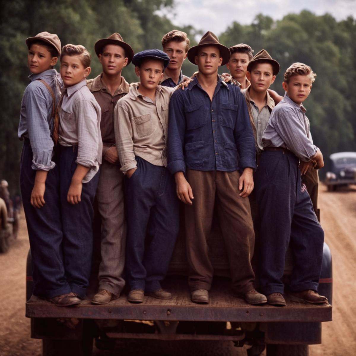 cinematic film still of In the 1940's a group of men standing on the back of a truck,  shirt,  hat on Tensor.Art
