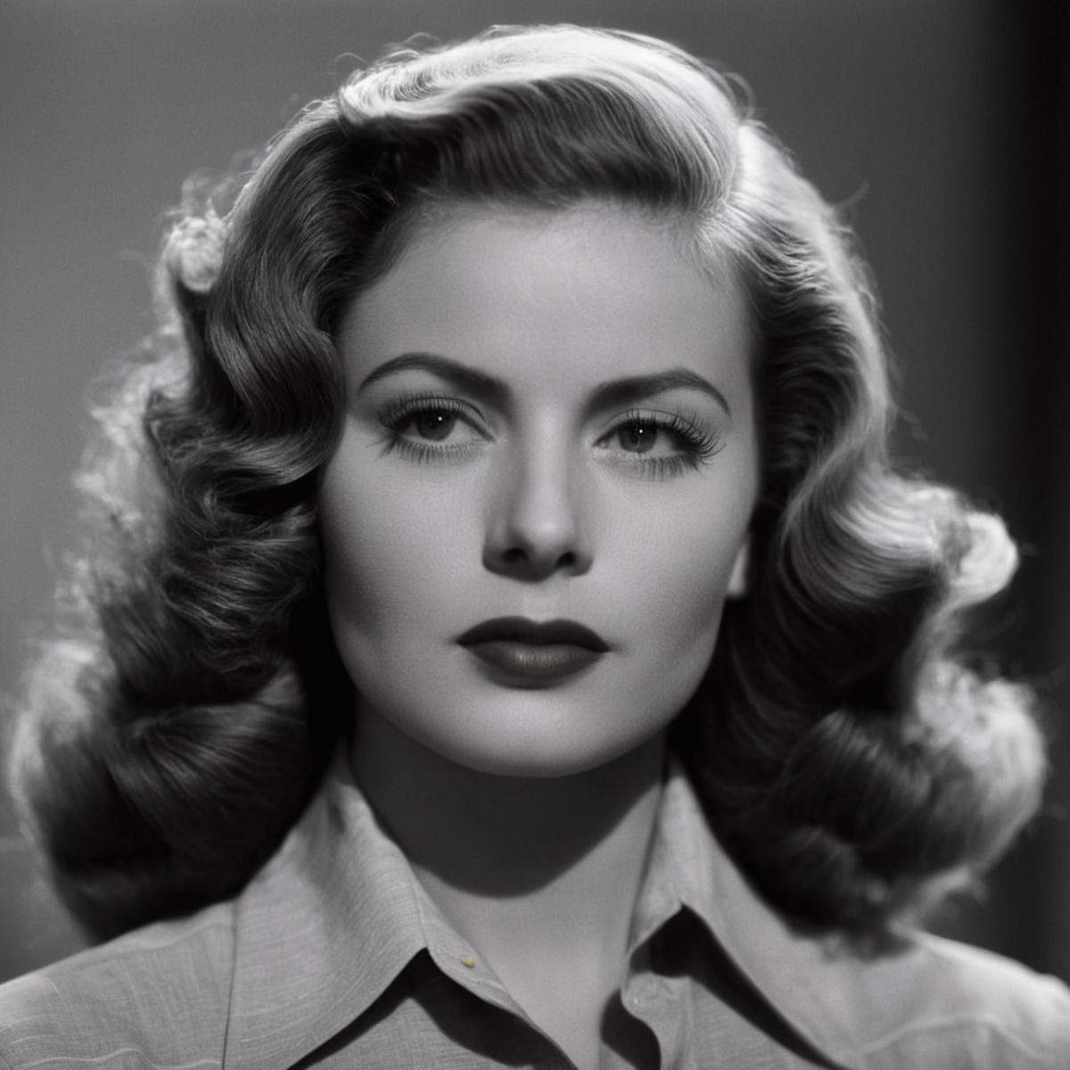 cinematic film still of In the 1940's a woman with a very long hair and a collared shirt,  1girl,  solo on Tensor.Art