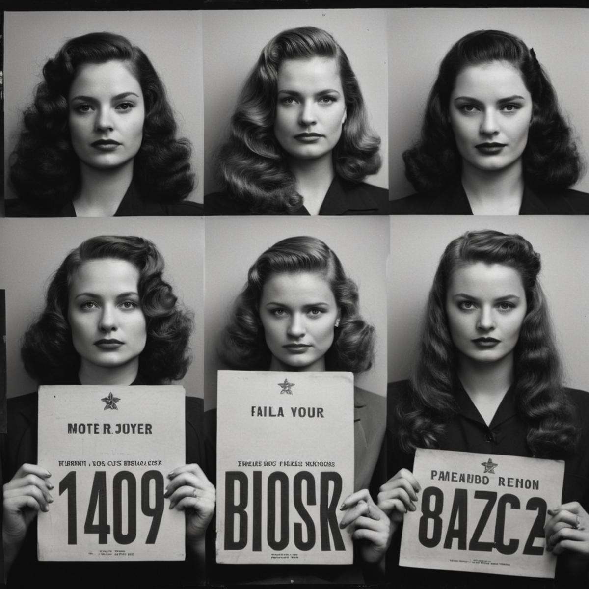 cinematic film still of In the 1940's a series of mugshot photos of different criminal women holding a mugshot sign,  long...
